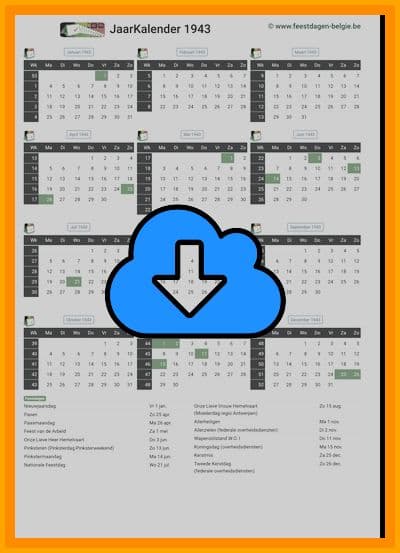 thumbnail jaarkalender voor het jaar 1943 in papierformaat A4 Staand Landscape en bestandsformaat PDF Adobe Acrobat met Feestdagen België 