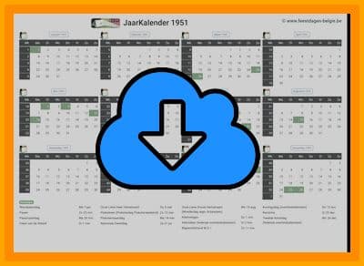 thumbnail jaarkalender voor het jaar 1951 in papierformaat A4 Liggend Landscape en bestandsformaat PDF Adobe Acrobat met Feestdagen België 