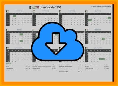 thumbnail jaarkalender voor het jaar 1952 in papierformaat A4 Liggend Landscape en bestandsformaat PDF Adobe Acrobat met Feestdagen België 