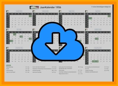thumbnail jaarkalender voor het jaar 1956 in papierformaat A4 Liggend Landscape en bestandsformaat PDF Adobe Acrobat met Feestdagen België 