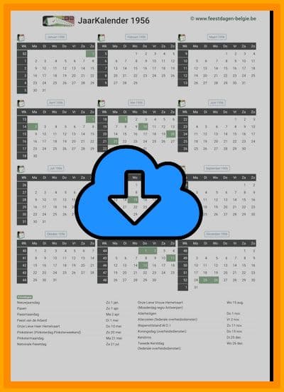 thumbnail jaarkalender voor het jaar 1956 in papierformaat A4 Staand Landscape en bestandsformaat PDF Adobe Acrobat met Feestdagen België 