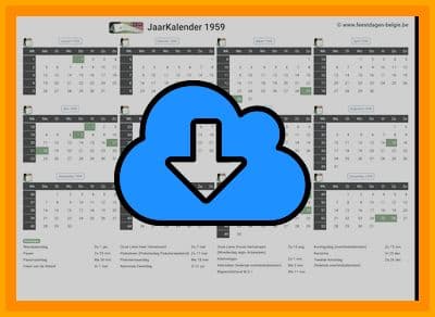 thumbnail jaarkalender voor het jaar 1959 in papierformaat A4 Liggend Landscape en bestandsformaat PDF Adobe Acrobat met Feestdagen België 