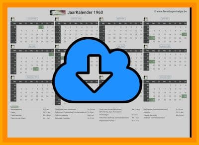 thumbnail jaarkalender voor het jaar 1960 in papierformaat A4 Liggend Landscape en bestandsformaat PDF Adobe Acrobat met Feestdagen België 