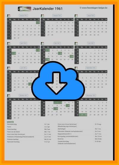 thumbnail jaarkalender voor het jaar 1961 in papierformaat A4 Staand Landscape en bestandsformaat PDF Adobe Acrobat met Feestdagen België 