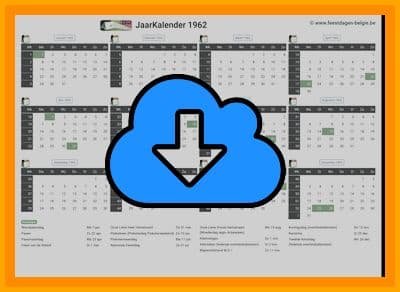 thumbnail jaarkalender voor het jaar 1962 in papierformaat A4 Liggend Landscape en bestandsformaat PDF Adobe Acrobat met Feestdagen België 