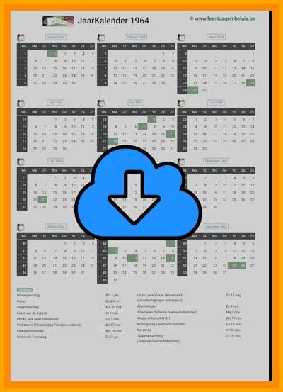 thumbnail jaarkalender voor het jaar 1964 in papierformaat A4 Staand Landscape en bestandsformaat PDF Adobe Acrobat met Feestdagen België 