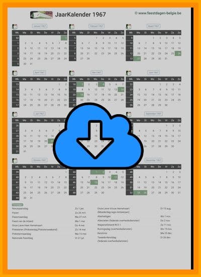 thumbnail jaarkalender voor het jaar 1967 in papierformaat A4 Staand Landscape en bestandsformaat PDF Adobe Acrobat met Feestdagen België 