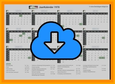 thumbnail jaarkalender voor het jaar 1970 in papierformaat A4 Liggend Landscape en bestandsformaat PDF Adobe Acrobat met Feestdagen België 