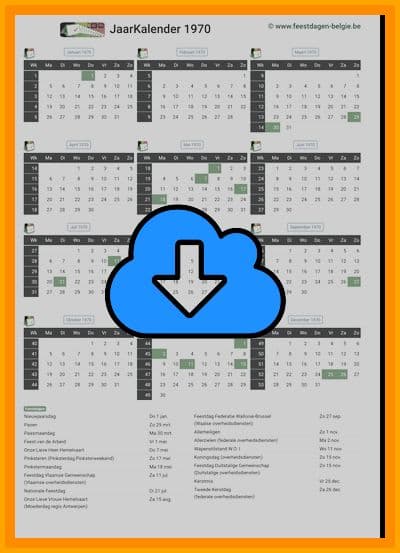thumbnail jaarkalender voor het jaar 1970 in papierformaat A4 Staand Landscape en bestandsformaat PDF Adobe Acrobat met Feestdagen België 