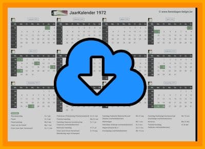 thumbnail jaarkalender voor het jaar 1972 in papierformaat A4 Liggend Landscape en bestandsformaat PDF Adobe Acrobat met Feestdagen België 