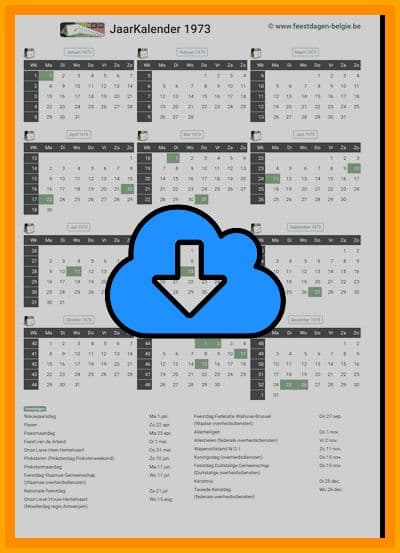 thumbnail jaarkalender voor het jaar 1973 in papierformaat A4 Staand Landscape en bestandsformaat PDF Adobe Acrobat met Feestdagen België 