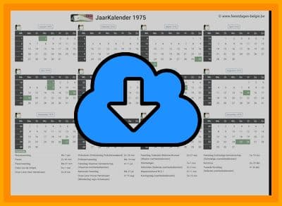 thumbnail jaarkalender voor het jaar 1975 in papierformaat A4 Liggend Landscape en bestandsformaat PDF Adobe Acrobat met Feestdagen België 