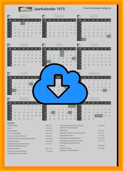 thumbnail jaarkalender voor het jaar 1975 in papierformaat A4 Staand Landscape en bestandsformaat PDF Adobe Acrobat met Feestdagen België 