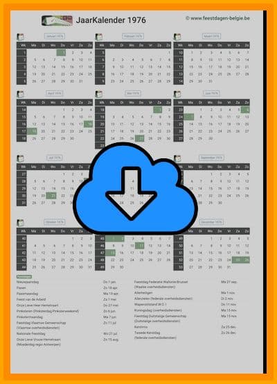 thumbnail jaarkalender voor het jaar 1976 in papierformaat A4 Staand Landscape en bestandsformaat PDF Adobe Acrobat met Feestdagen België 