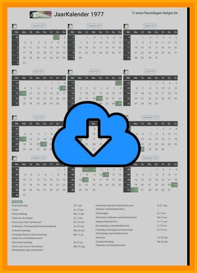thumbnail jaarkalender voor het jaar 1977 in papierformaat A4 Staand Landscape en bestandsformaat PDF Adobe Acrobat met Feestdagen België 