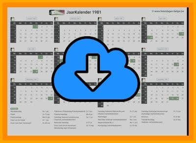 thumbnail jaarkalender voor het jaar 1981 in papierformaat A4 Liggend Landscape en bestandsformaat PDF Adobe Acrobat met Feestdagen België 