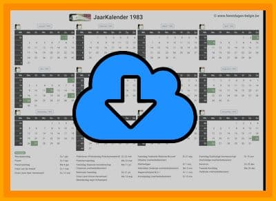 thumbnail jaarkalender voor het jaar 1983 in papierformaat A4 Liggend Landscape en bestandsformaat PDF Adobe Acrobat met Feestdagen België 