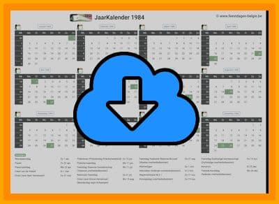 thumbnail jaarkalender voor het jaar 1984 in papierformaat A4 Liggend Landscape en bestandsformaat PDF Adobe Acrobat met Feestdagen België 