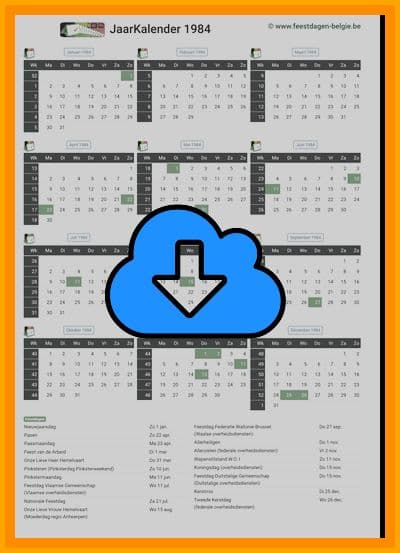 thumbnail jaarkalender voor het jaar 1984 in papierformaat A4 Staand Landscape en bestandsformaat PDF Adobe Acrobat met Feestdagen België 