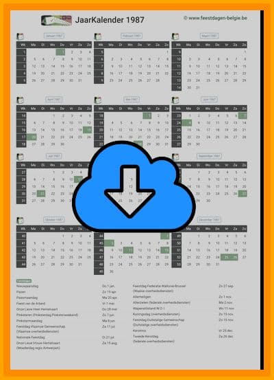 thumbnail jaarkalender voor het jaar 1987 in papierformaat A4 Staand Landscape en bestandsformaat PDF Adobe Acrobat met Feestdagen België 