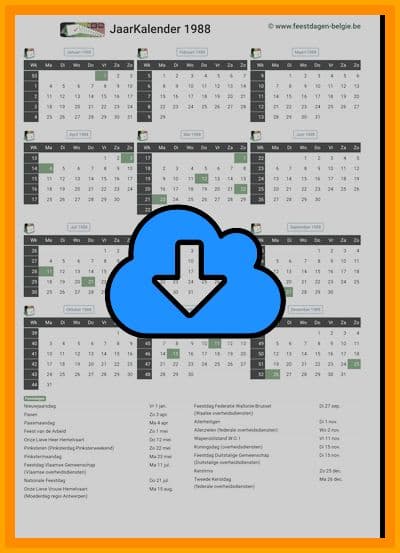 thumbnail jaarkalender voor het jaar 1988 in papierformaat A4 Staand Landscape en bestandsformaat PDF Adobe Acrobat met Feestdagen België 