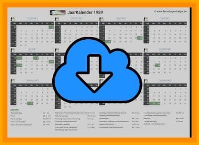 thumbnail jaarkalender voor het jaar 1989 in papierformaat A4 Liggend Landscape en bestandsformaat PDF Adobe Acrobat met Feestdagen België 