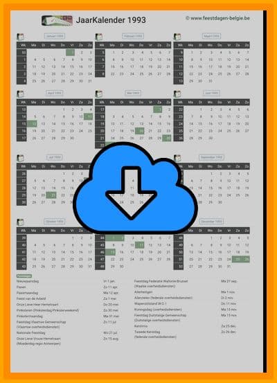 thumbnail jaarkalender voor het jaar 1993 in papierformaat A4 Staand Landscape en bestandsformaat PDF Adobe Acrobat met Feestdagen België 