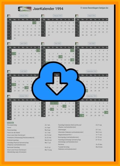 thumbnail jaarkalender voor het jaar 1994 in papierformaat A4 Staand Landscape en bestandsformaat PDF Adobe Acrobat met Feestdagen België 