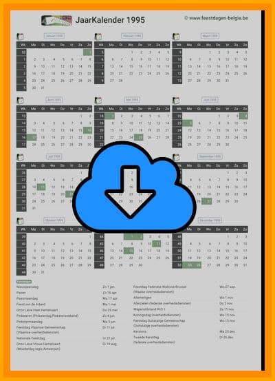 thumbnail jaarkalender voor het jaar 1995 in papierformaat A4 Staand Landscape en bestandsformaat PDF Adobe Acrobat met Feestdagen België 