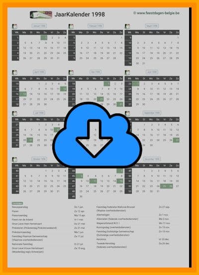 thumbnail jaarkalender voor het jaar 1998 in papierformaat A4 Staand Landscape en bestandsformaat PDF Adobe Acrobat met Feestdagen België 