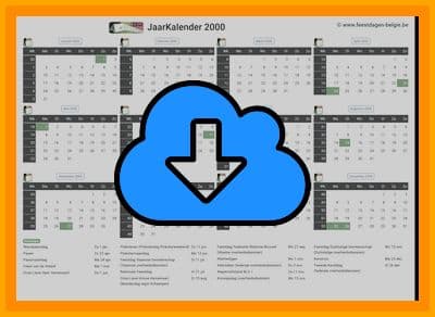 thumbnail jaarkalender voor het jaar 2000 in papierformaat A4 Liggend Landscape en bestandsformaat PDF Adobe Acrobat met Feestdagen België 