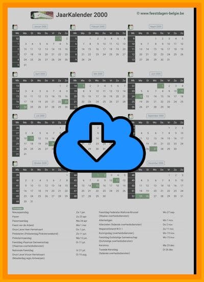 thumbnail jaarkalender voor het jaar 2000 in papierformaat A4 Staand Landscape en bestandsformaat PDF Adobe Acrobat met Feestdagen België 