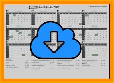 thumbnail jaarkalender voor het jaar 2002 in papierformaat A4 Liggend Landscape en bestandsformaat PDF Adobe Acrobat met Feestdagen België 