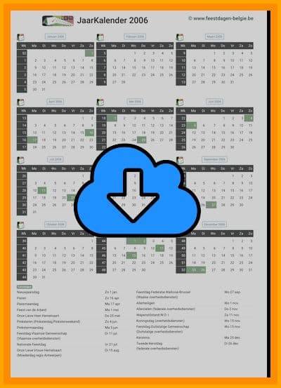 thumbnail jaarkalender voor het jaar 2006 in papierformaat A4 Staand Landscape en bestandsformaat PDF Adobe Acrobat met Feestdagen België 