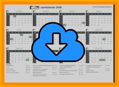 thumbnail jaarkalender voor het jaar 2008 in papierformaat A4 Liggend Landscape en bestandsformaat PDF Adobe Acrobat met Feestdagen Belgie 