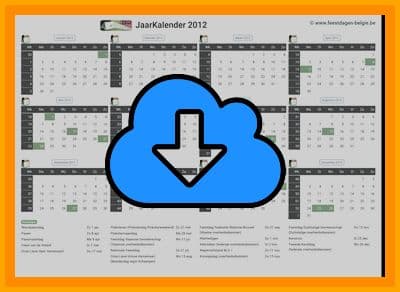 thumbnail jaarkalender voor het jaar 2012 in papierformaat A4 Liggend Landscape en bestandsformaat PDF Adobe Acrobat met Feestdagen Belgie 