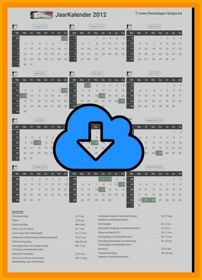 thumbnail jaarkalender voor het jaar 2012 in papierformaat A4 Staand Landscape en bestandsformaat PDF Adobe Acrobat met Feestdagen Belgie 