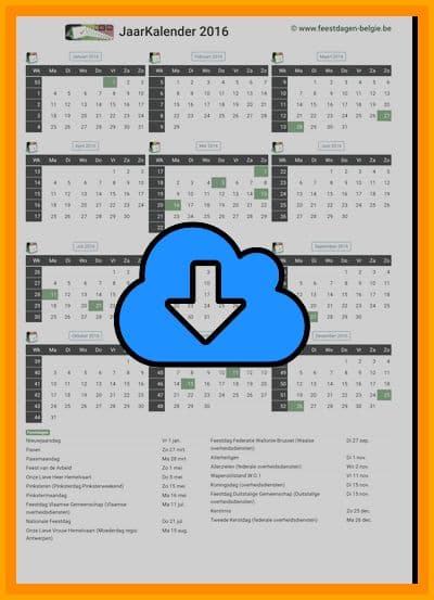 thumbnail jaarkalender voor het jaar 2016 in papierformaat A4 Staand Landscape en bestandsformaat PDF Adobe Acrobat met Feestdagen België 