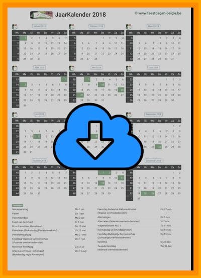 thumbnail jaarkalender voor het jaar 2018 in papierformaat A4 Staand Landscape en bestandsformaat PDF Adobe Acrobat met Feestdagen België 