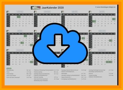 thumbnail jaarkalender voor het jaar 2020 in papierformaat A4 Liggend Landscape en bestandsformaat PDF Adobe Acrobat met Feestdagen Belgie 