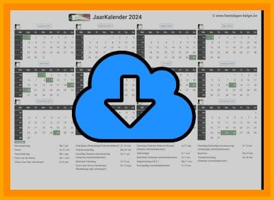 thumbnail jaarkalender voor het jaar 2024 in papierformaat A4 Liggend Landscape en bestandsformaat PDF Adobe Acrobat met Feestdagen Belgie 