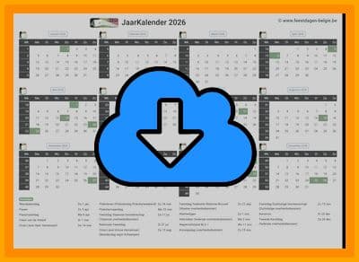 thumbnail jaarkalender voor het jaar 2026 in papierformaat A4 Liggend Landscape en bestandsformaat PDF Adobe Acrobat met Feestdagen Belgie 