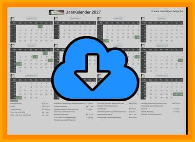 thumbnail jaarkalender voor het jaar 2027 in papierformaat A4 Liggend Landscape en bestandsformaat PDF Adobe Acrobat met Feestdagen Belgie 