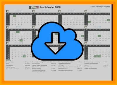 thumbnail jaarkalender voor het jaar 2030 in papierformaat A4 Liggend Landscape en bestandsformaat PDF Adobe Acrobat met Feestdagen Belgie 