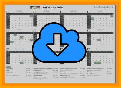 thumbnail jaarkalender voor het jaar 2040 in papierformaat A4 Liggend Landscape en bestandsformaat PDF Adobe Acrobat met Feestdagen België 