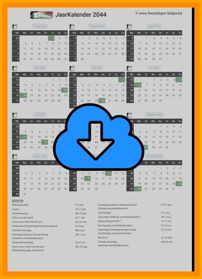 thumbnail jaarkalender voor het jaar 2044 in papierformaat A4 Staand Landscape en bestandsformaat PDF Adobe Acrobat met Feestdagen België 