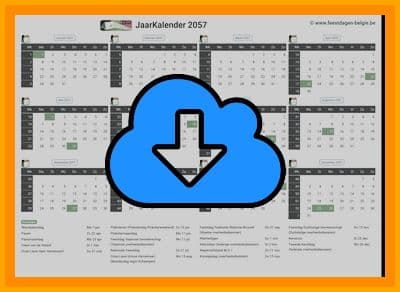 thumbnail jaarkalender voor het jaar 2057 in papierformaat A4 Liggend Landscape en bestandsformaat PDF Adobe Acrobat met Feestdagen Belgie 