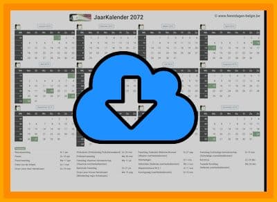 thumbnail jaarkalender voor het jaar 2072 in papierformaat A4 Liggend Landscape en bestandsformaat PDF Adobe Acrobat met Feestdagen Belgie 