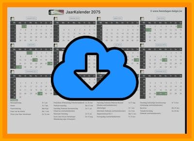 thumbnail jaarkalender voor het jaar 2075 in papierformaat A4 Liggend Landscape en bestandsformaat PDF Adobe Acrobat met Feestdagen België 