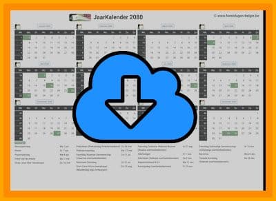thumbnail jaarkalender voor het jaar 2080 in papierformaat A4 Liggend Landscape en bestandsformaat PDF Adobe Acrobat met Feestdagen Belgie 